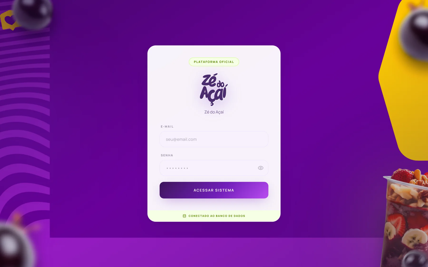 Tela de entrada do sistema Zé do Açaí